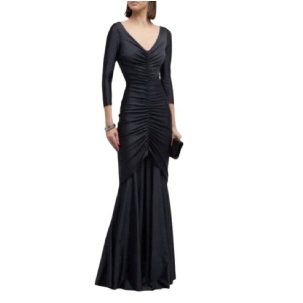 Chiara Boni Women's Ruched Front Slit Mermaid Gown Dress Black Size 12 NWT